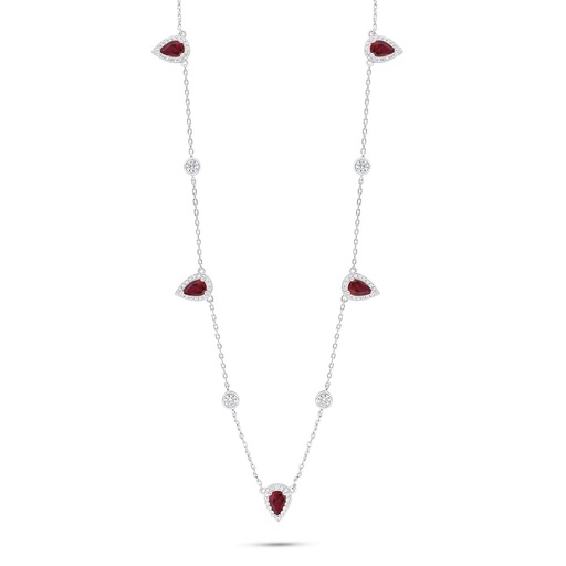 [NCL01RUB00WCZC010] Sterling Silver 925 Necklace Rhodium Plated Embedded With Ruby Corundum And White Zircon