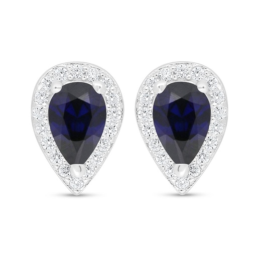 [EAR01SAP00WCZC926] Sterling Silver 925 Earring Rhodium Plated Embedded With Sapphire Corundum And White Zircon