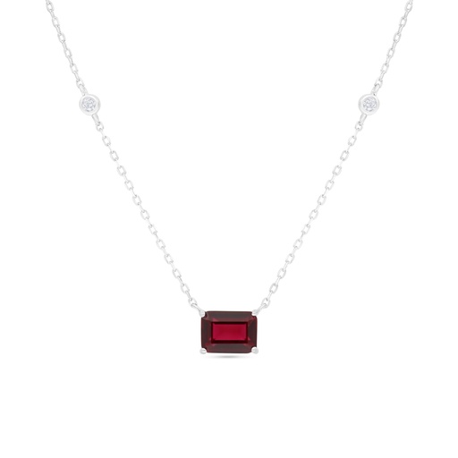 [NCL01RUB00WCZC012] Sterling Silver 925 Necklace Rhodium Plated Embedded With Ruby Corundum And White Zircon