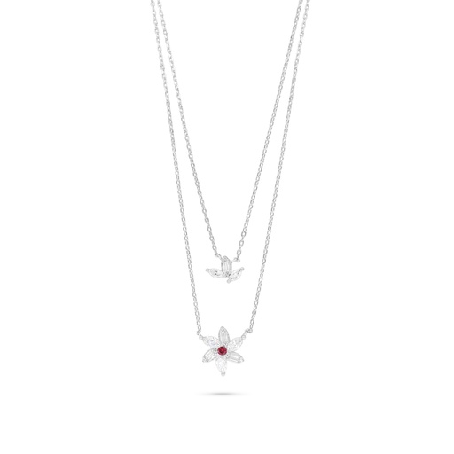 [NCL01RUB00WCZC021] Sterling Silver 925 Necklace Rhodium Plated Embedded With Ruby Corundum And White Zircon