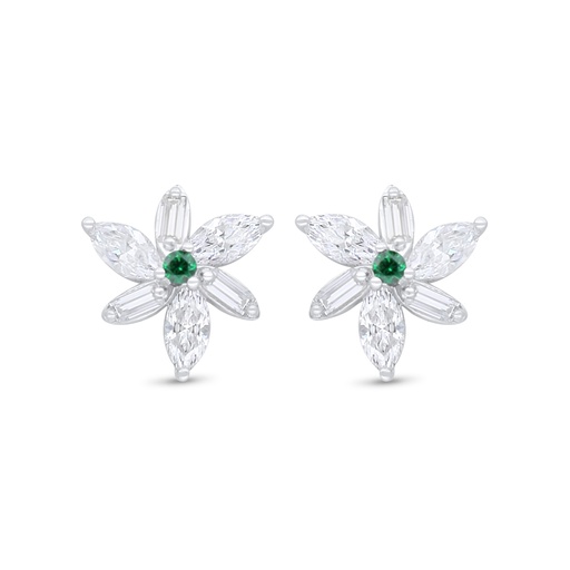 [EAR01EMR00WCZC937] Sterling Silver 925 Earring Rhodium Plated Embedded With Emerald Zircon And White Zircon