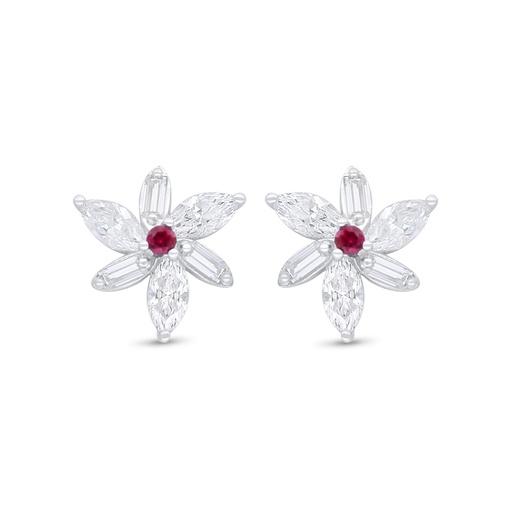 [EAR01RUB00WCZC937] Sterling Silver 925 Earring Rhodium Plated Embedded With Ruby Corundum And White Zircon