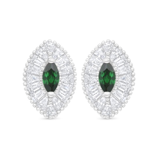 [EAR01EMR00WCZC939] Sterling Silver 925 Earring Rhodium Plated Embedded With Emerald Zircon And White Zircon