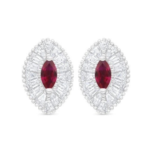 [EAR01RUB00WCZC939] Sterling Silver 925 Earring Rhodium Plated Embedded With Ruby Corundum And White Zircon