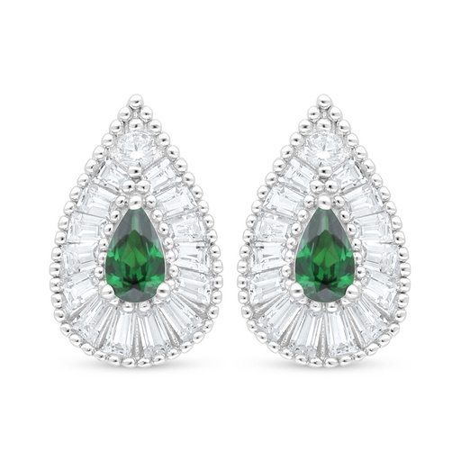 [EAR01EMR00WCZC940] Sterling Silver 925 Earring Rhodium Plated Embedded With Emerald Zircon And White Zircon