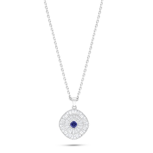 [NCL01SAP00WCZC025] Sterling Silver 925 Necklace Rhodium Plated Embedded With Sapphire Corundum And White Zircon