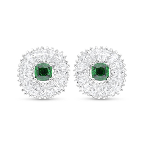 [EAR01EMR00WCZC941] Sterling Silver 925 Earring Rhodium Plated Embedded With Emerald Zircon And White Zircon