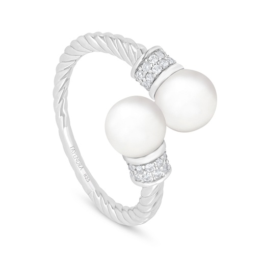 Sterling Silver 925 Ring Rhodium Plated Embedded With Natural White Pearl And White Zircon 