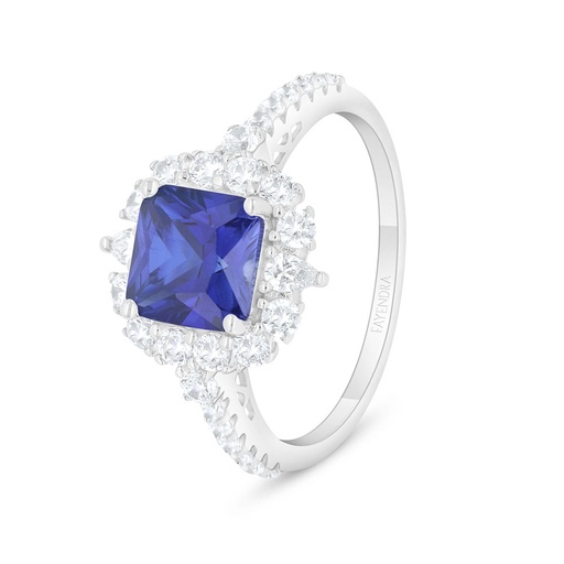 Sterling Silver 925 Ring Rhodium Plated Embedded With Sapphire Corundum And White Zircon