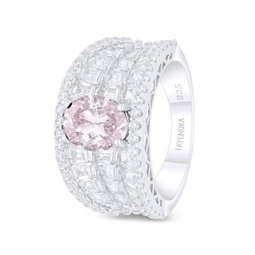 Sterling Silver 925 Ring Rhodium Plated Embedded With Pink Zircon And White Zircon