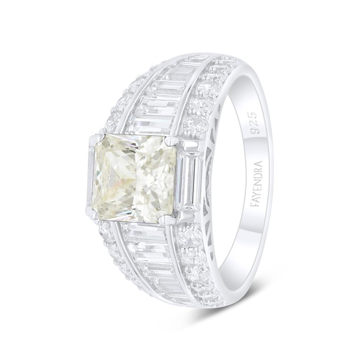 Sterling Silver 925 Ring Rhodium Plated Embedded With Yellow Diamond And White Zircon