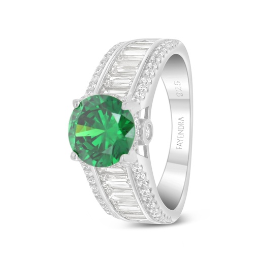 Sterling Silver 925 Ring Rhodium Plated Embedded With Emerald Zircon And White Zircon