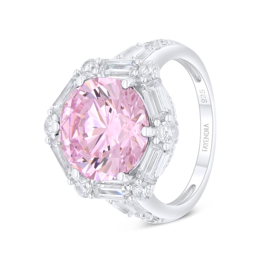 Sterling Silver 925 Ring Rhodium Plated Embedded With Pink Zircon And White Zircon