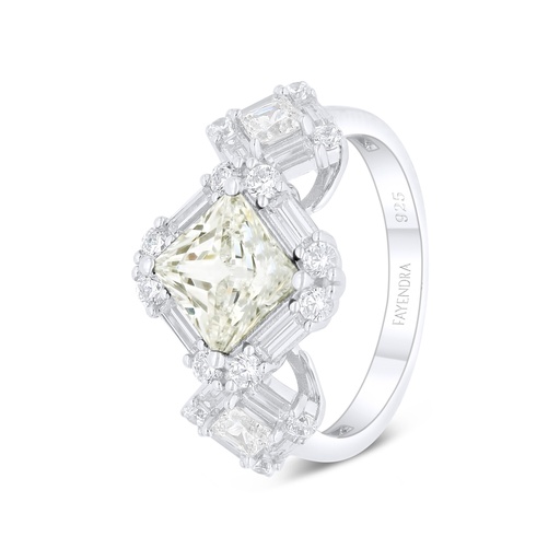 Sterling Silver 925 Ring Rhodium Plated Embedded With Yellow Diamond And White Zircon