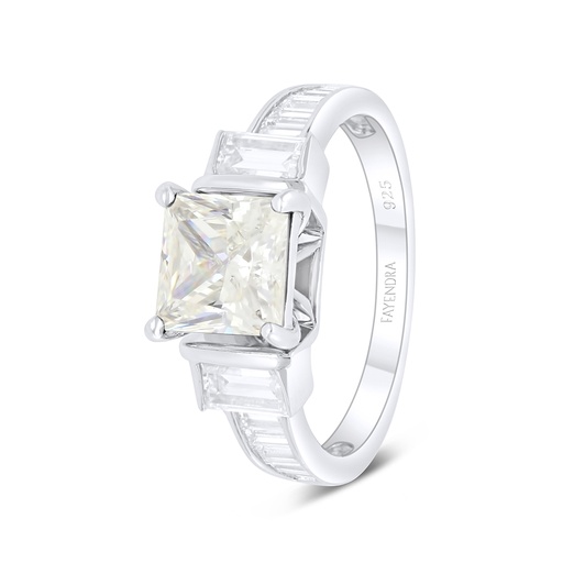 Sterling Silver 925 Ring Rhodium Plated Embedded With Yellow Diamond And White Zircon