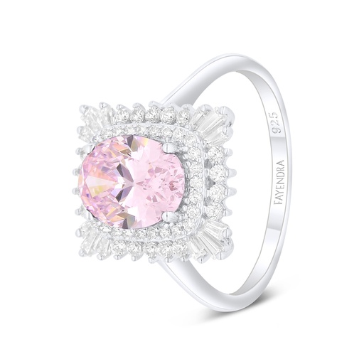 Sterling Silver 925 Ring Rhodium Plated Embedded With Pink Zircon And White Zircon