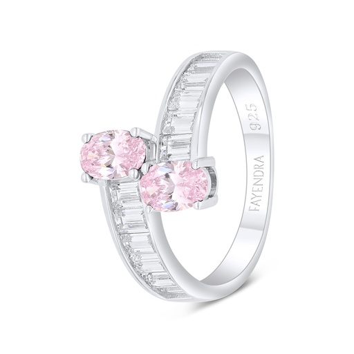 Sterling Silver 925 Ring Rhodium Plated Embedded With Pink Zircon And White Zircon