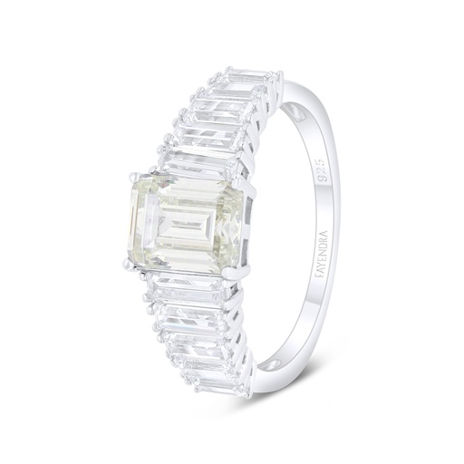 Sterling Silver 925 Ring Rhodium Plated Embedded With Yellow Diamond And White Zircon