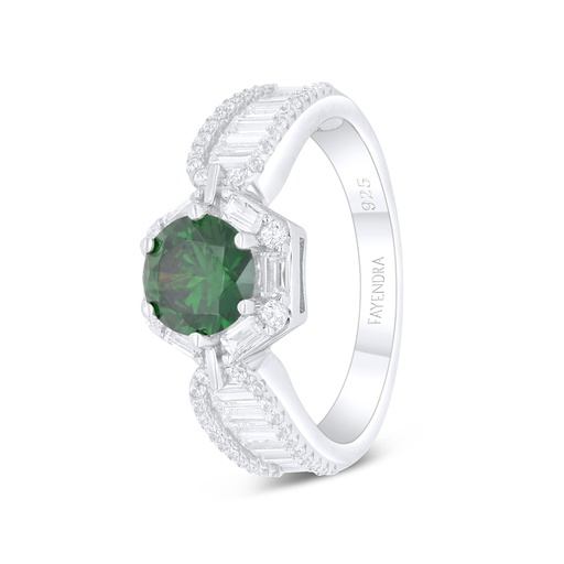 Sterling Silver 925 Ring Rhodium Plated Embedded With Emerald Zircon And White Zircon