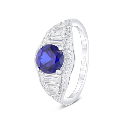 Sterling Silver 925 Ring Rhodium Plated Embedded With Sapphire Corundum And White Zircon