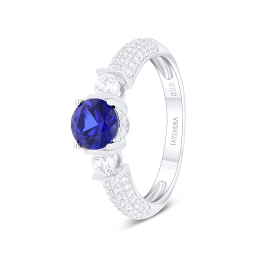 Sterling Silver 925 Ring Rhodium Plated Embedded With Sapphire Corundum And White Zircon