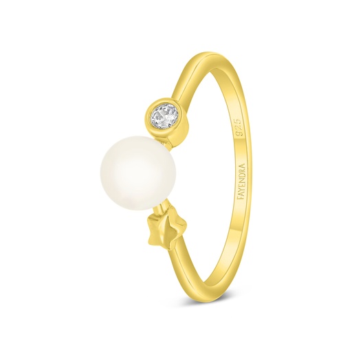 Sterling Silver 925 Ring Golden Plated Embedded With Natural White Pearl And White Zircon