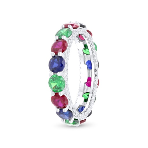 Sterling Silver 925 Ring Rhodium Plated Embedded With Emerald Zircon And Ruby Corundum And Sapphire Corundum And White Zircon