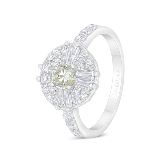 Sterling Silver 925 Ring Rhodium Plated Embedded With Yellow Diamond And White Zircon