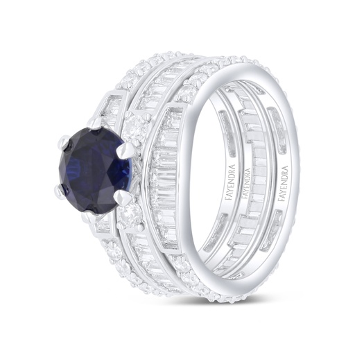 Sterling Silver 925 Ring (3pcs) Rhodium Plated Embedded With Sapphire Corundum And White Zircon