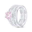 Sterling Silver 925 Ring (3pcs) Rhodium Plated Embedded With Pink Zircon And White Zircon