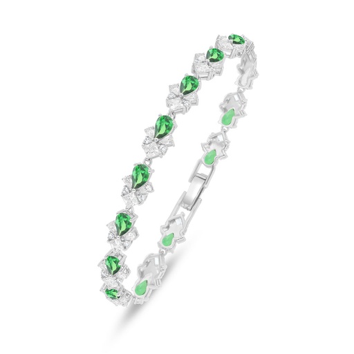 [BRC01EMR00WCZB544] Sterling Silver 925 Bracelet Rhodium Plated Embedded With Emerald Zircon And White Zircon