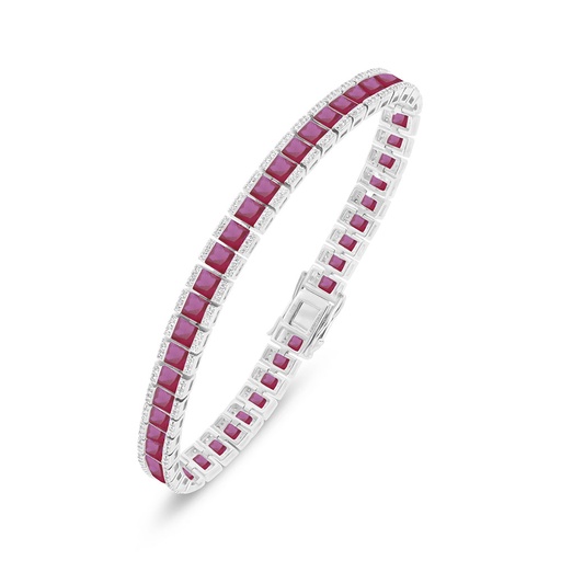 [BRC01RUB00WCZB532] Sterling Silver 925 Bracelet Rhodium Plated Embedded With Ruby Corundum And White Zircon