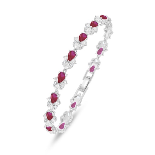 [BRC01RUB00WCZB544] Sterling Silver 925 Bracelet Rhodium Plated Embedded With Ruby Corundum And White Zircon