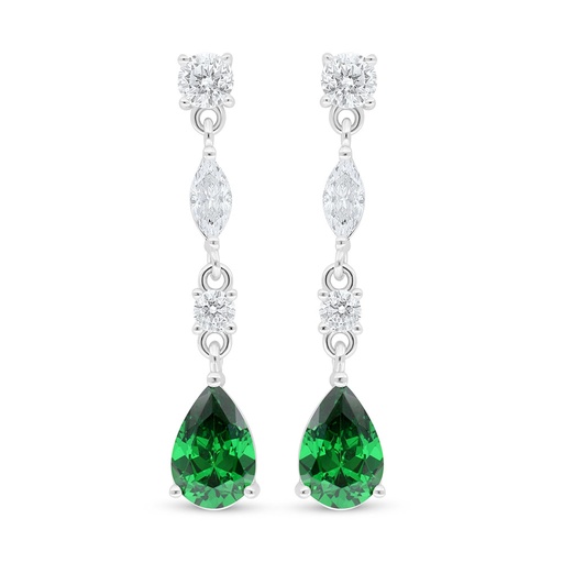 [EAR01EMR00WCZC985] Sterling Silver 925 Earring Rhodium Plated Embedded With Emerald Zircon And White Zircon