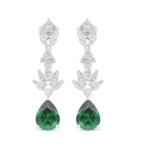 [EAR01EMR00WCZC987] Sterling Silver 925 Earring Rhodium Plated Embedded With Emerald Zircon And White Zircon