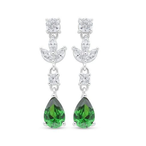 [EAR01EMR00WCZC988] Sterling Silver 925 Earring Rhodium Plated Embedded With Emerald Zircon And White Zircon