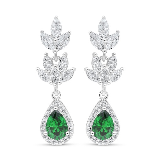 [EAR01EMR00WCZC992] Sterling Silver 925 Earring Rhodium Plated Embedded With Emerald Zircon And White Zircon