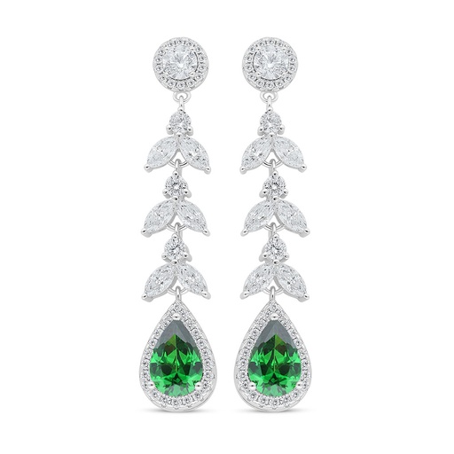 [EAR01EMR00WCZC993] Sterling Silver 925 Earring Rhodium Plated Embedded With Emerald Zircon And White Zircon