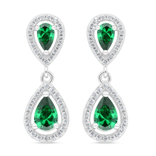 [EAR01EMR00WCZC995] Sterling Silver 925 Earring Rhodium Plated Embedded With Emerald Zircon And White Zircon