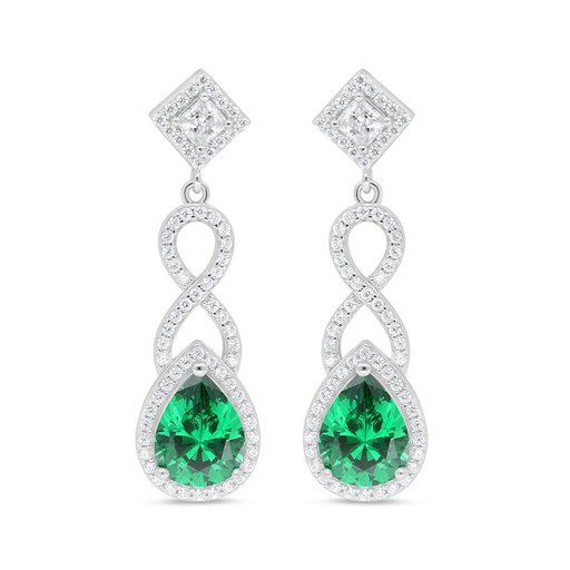 [EAR01EMR00WCZC996] Sterling Silver 925 Earring Rhodium Plated Embedded With Emerald Zircon And White Zircon