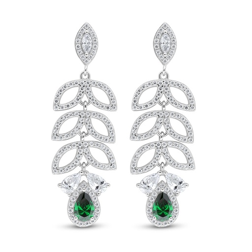 [EAR01EMR00WCZC997] Sterling Silver 925 Earring Rhodium Plated Embedded With Emerald Zircon And White Zircon