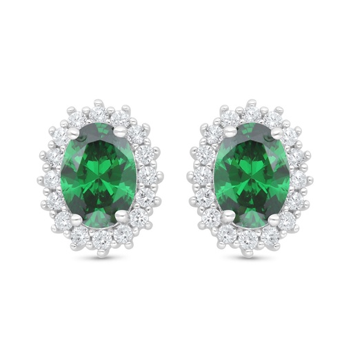 [EAR01EMR00WCZC999] Sterling Silver 925 Earring Rhodium Plated Embedded With Emerald Zircon And White Zircon