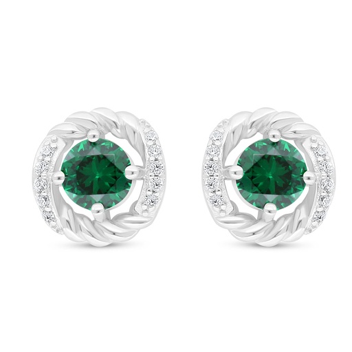 [EAR01EMR00WCZD015] Sterling Silver 925 Earring Rhodium Plated Embedded With Emerald Zircon And White Zircon