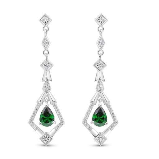 [EAR01EMR00WCZD016] Sterling Silver 925 Earring Rhodium Plated Embedded With Emerald Zircon And White Zircon
