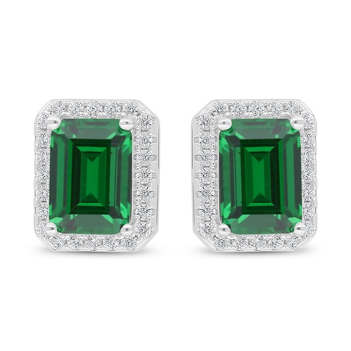 [EAR01EMR00WCZD022] Sterling Silver 925 Earring Rhodium Plated Embedded With Emerald Zircon And White Zircon