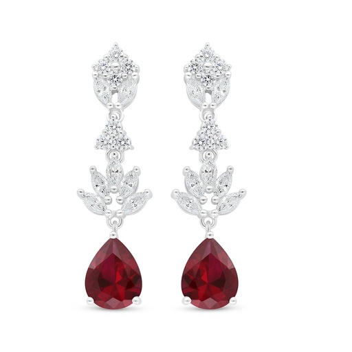 [EAR01RUB00WCZC987] Sterling Silver 925 Earring Rhodium Plated Embedded With Ruby Corundum And White Zircon
