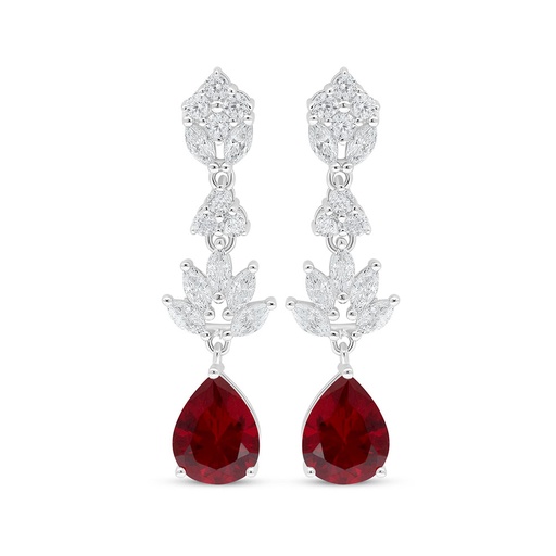 [EAR01RUB00WCZC991] Sterling Silver 925 Earring Rhodium Plated Embedded With Ruby Corundum And White Zircon