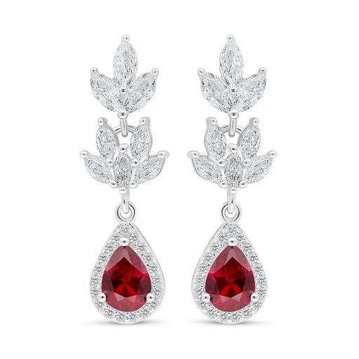 [EAR01RUB00WCZC992] Sterling Silver 925 Earring Rhodium Plated Embedded With Ruby Corundum And White Zircon