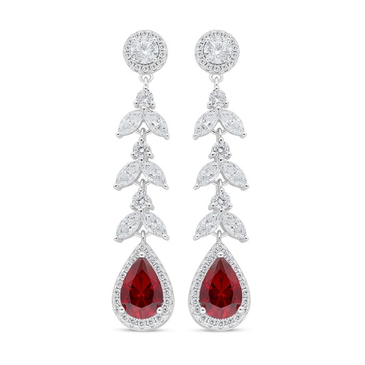 [EAR01RUB00WCZC993] Sterling Silver 925 Earring Rhodium Plated Embedded With Ruby Corundum And White Zircon