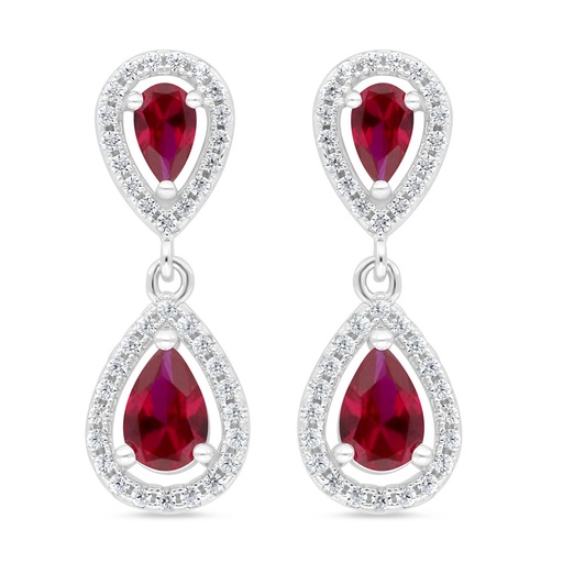 [EAR01RUB00WCZC995] Sterling Silver 925 Earring Rhodium Plated Embedded With Ruby Corundum And White Zircon